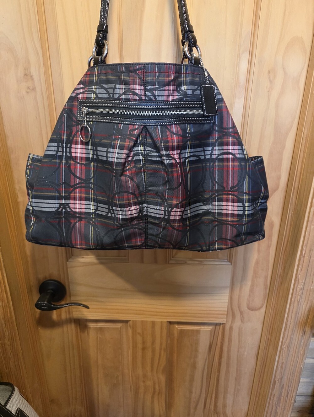 Coach Tartan Plaid Tote Shoulder Bag in Black and Red